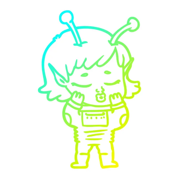 Frío gradiente línea dibujo dibujos animados chica alienígena — Vector de stock