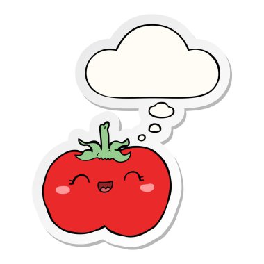 karikatür domates ve baskılı bir etiket olarak kabarcık düşünce