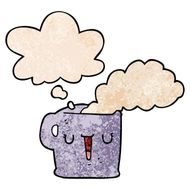 kahve karikatür sıcak fincan ve grunge doku p düşünce balonu