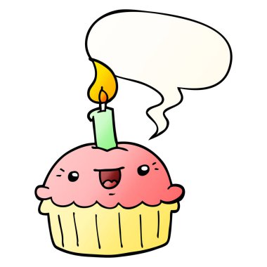karikatür cupcake ve mum ve konuşma balonu pürüzsüz degrade 