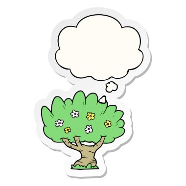 karikatür ağacı ve baskılı bir etiket olarak kabarcık düşünce