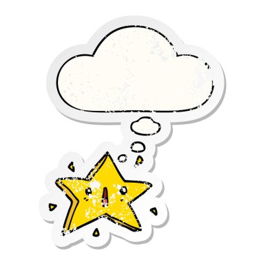 sevimli karikatür yıldızı ve sıkıntılı yıpranmış sticke olarak kabarcık düşündüm