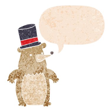 retro dokulu stil üst şapka ve konuşma balonu karikatür ayı