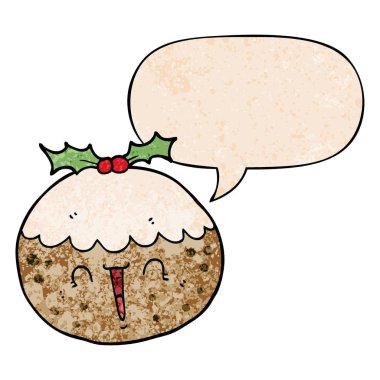 retro textur sevimli karikatür noel puding ve konuşma balonu