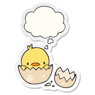 karikatür civciv ve baskılı bir etiket olarak kabarcık düşünce