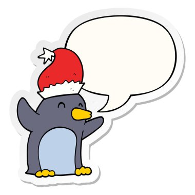 sevimli karikatür noel penguen ve konuşma kabarcık etiket