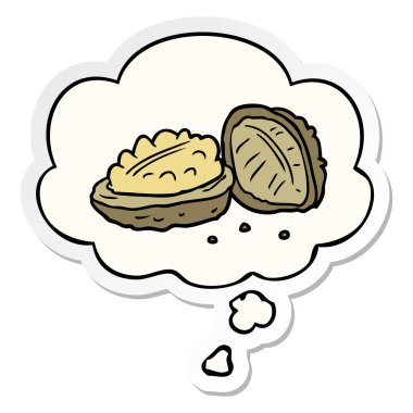 karikatür ceviz ve baskılı bir etiket olarak düşünce balonu