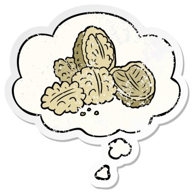 karikatür ceviz ve sıkıntılı yıpranmış etiket olarak kabarcık düşünce