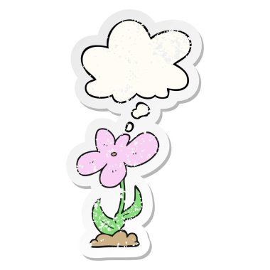 karikatür çiçek ve sıkıntılı yıpranmış etiket olarak kabarcık düşünce