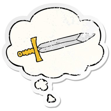 karikatür kılıç ve sıkıntılı yıpranmış etiket olarak kabarcık düşünce