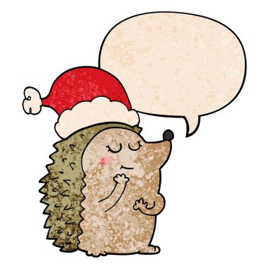 retr noel şapkası ve konuşma balonu giyen karikatür kirpi