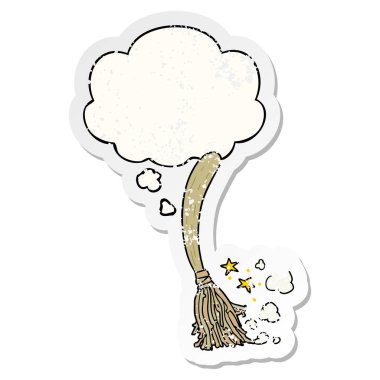 karikatür sihirli süpürge ve sıkıntılı yıpranmış stic olarak kabarcık düşünce