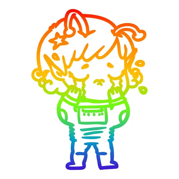Linea gradiente arcobaleno disegno cartone animato piangendo ragazza aliena — Vettoriale Stock