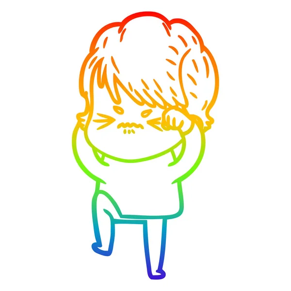 Rainbow gradient ligne dessin dessin animé femme frustrée — Image vectorielle