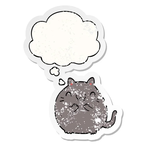 Fröhliche Cartoon-Katze und Gedankenblase als bekümmerter verschlissener Stick — Stockvektor