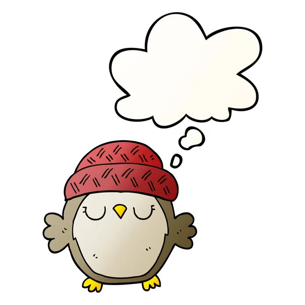 Rozkošná kreslená sova v kloboučku a myšlenková bublina v plynulém gradientu — Stockový vektor