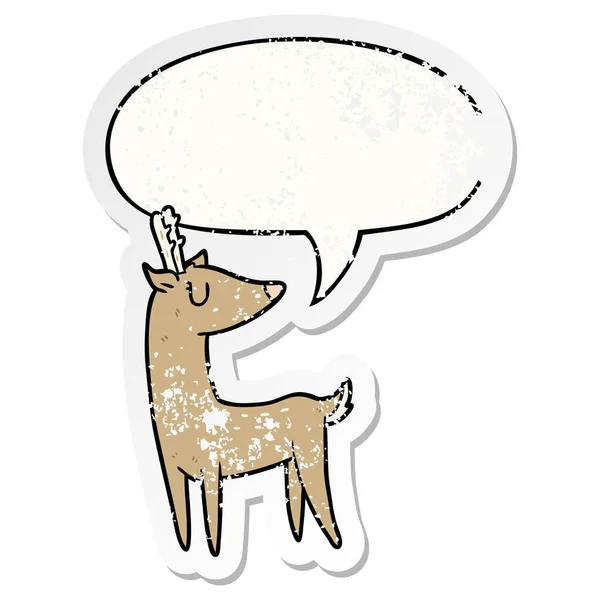 Cartoon deer and speech bubble distressed sticker — Stock Vector