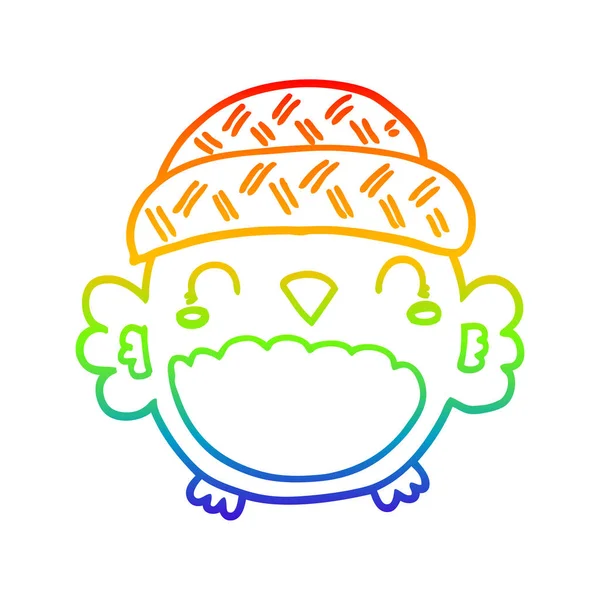 Rainbow gradient ligne dessin mignon dessin animé hibou dans chapeau — Image vectorielle