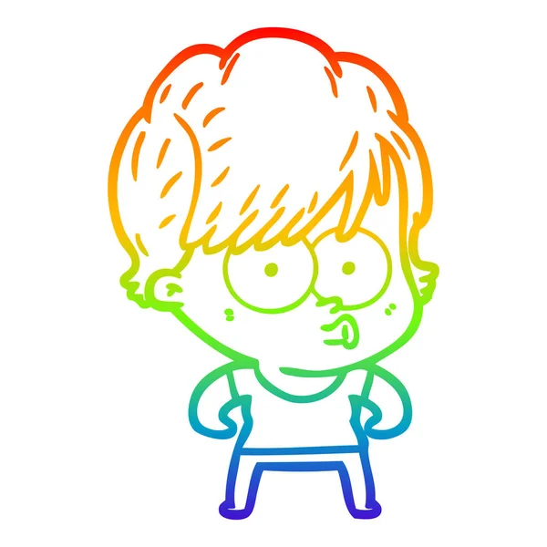 Regenboog gradiënt lijntekening cartoon vrouw — Stockvector