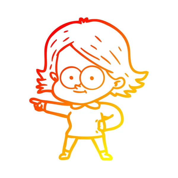 Warme kleurovergang lijntekening gelukkig cartoon meisje — Stockvector