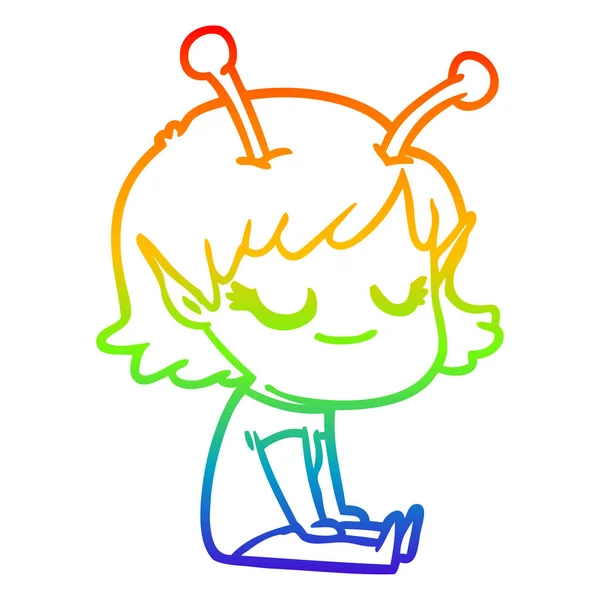 Rainbow gradient line drawing smiling alien girl cartoon — Stock Vector