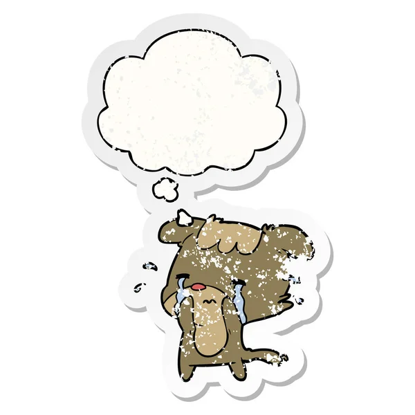 Desenho animado cão triste e bolha pensamento como um adesivo usado angustiado — Vetor de Stock