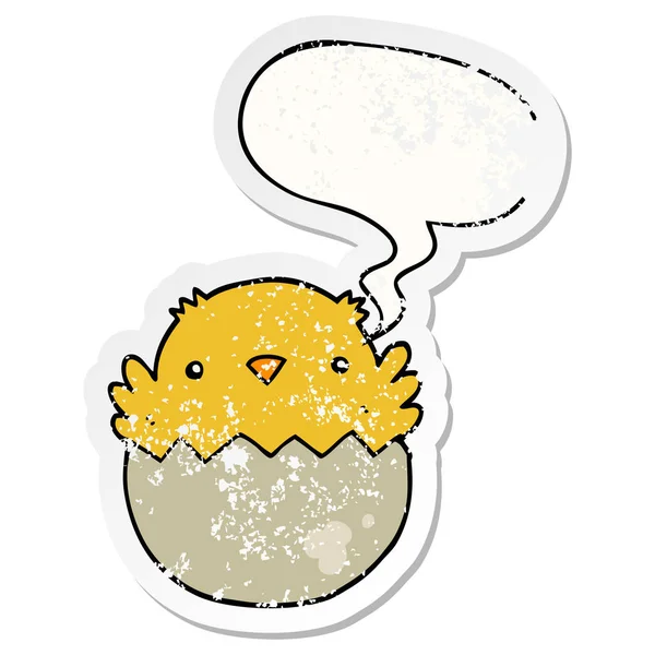 Cartoon chick hatching from egg and speech bubble distressed sti — Stock Vector
