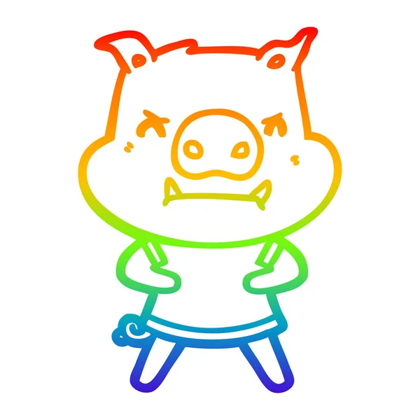 Rainbow gradient ligne dessin en colère dessin animé cochon — Image vectorielle