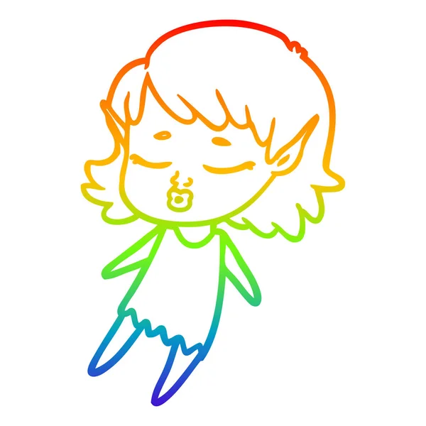 Rainbow gradient linje ritning ganska tecknad elf flicka flyger — Stock vektor