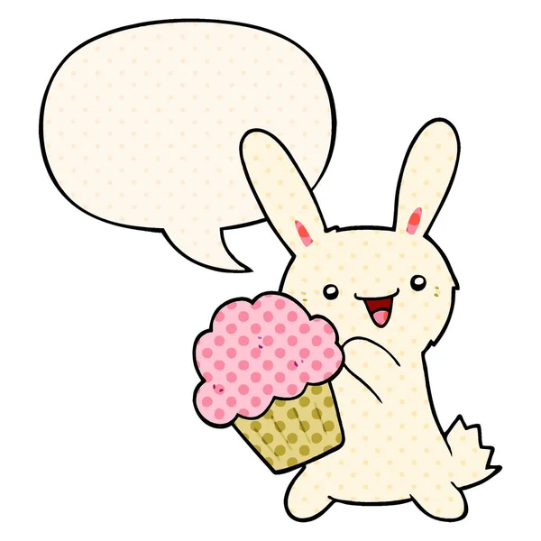 Cute cartoon rabbit and muffin and speech bubble in comic book s — Stock Vector