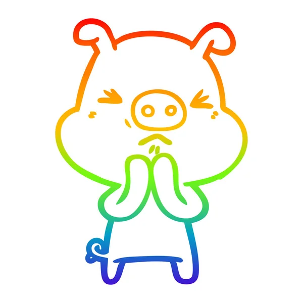 Rainbow gradient ligne dessin dessin animé cochon grincheux — Image vectorielle
