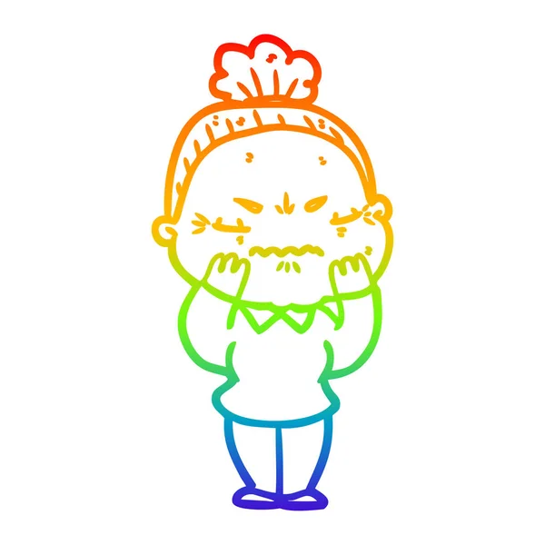 Rainbow gradient ligne dessin dessin animé ennuyé vieille dame — Image vectorielle