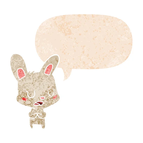 Cartoon rabbit talking and speech bubble in retro textured style — Stock Vector