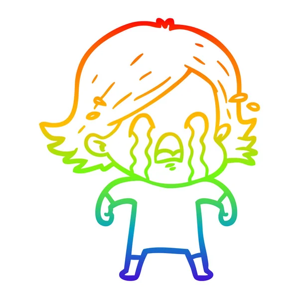 Arco iris gradiente línea dibujo dibujos animados mujer llorando — Vector de stock