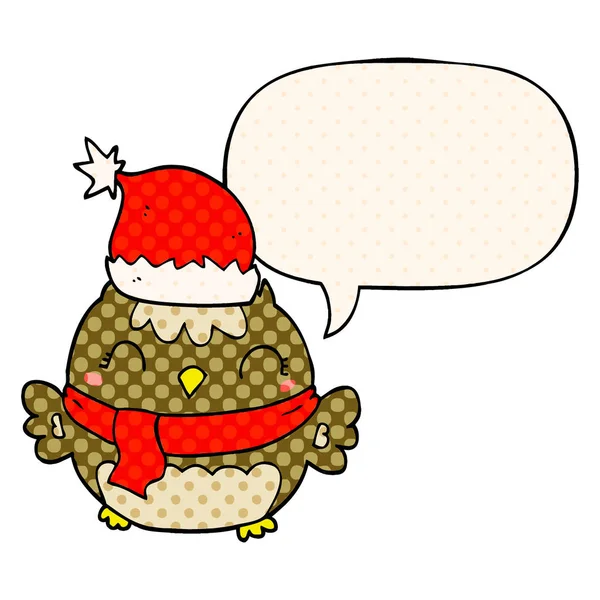 Coruja de Natal bonito e bolha de fala em estilo de quadrinhos — Vetor de Stock