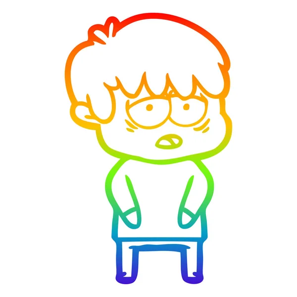 Rainbow gradient line drawing cartoon exhausted boy — Stock Vector
