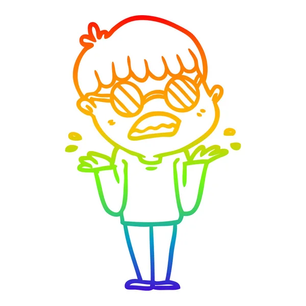 Arcobaleno gradiente linea disegno cartone animato confuso ragazzo indossa spect — Vettoriale Stock