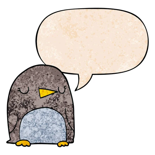 Cartoon penguin and speech bubble in retro texture style — Stock Vector