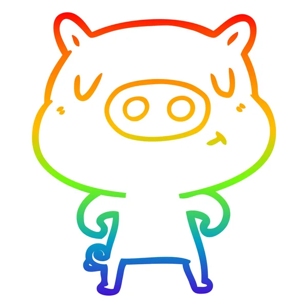 Rainbow gradient line drawing cartoon content pig — Stock Vector