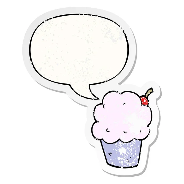 Cartoon cupcake and speech bubble distressed sticker — Stock Vector