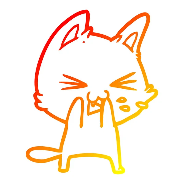 Warm gradient line drawing cartoon cat hissing — Stock Vector