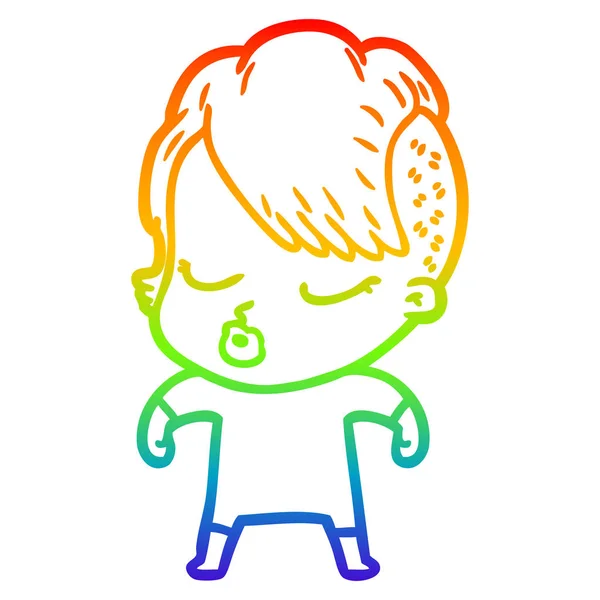 Regenboog kleurovergang lijntekening cartoon mooie hipster meisje — Stockvector