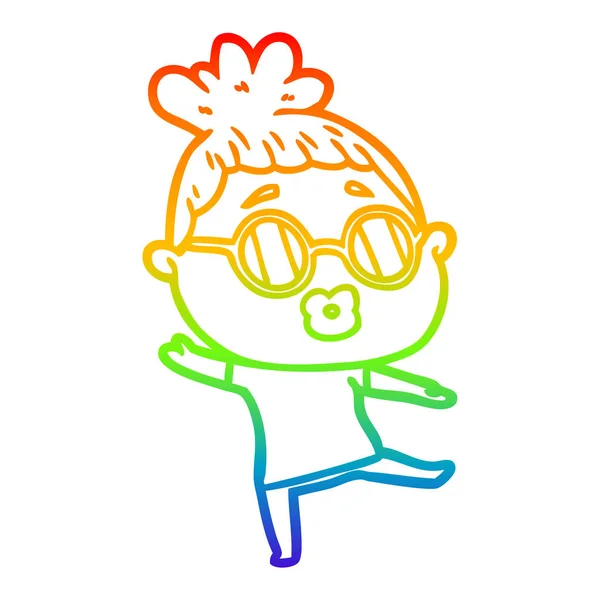 Rainbow Gradient Linienzeichnung Cartoon Frau tanzt mit spec — Stockvektor