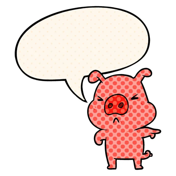 Çizgi roman tarzında karikatür kızgın domuz işaret ve konuşma balonu — Stok Vektör