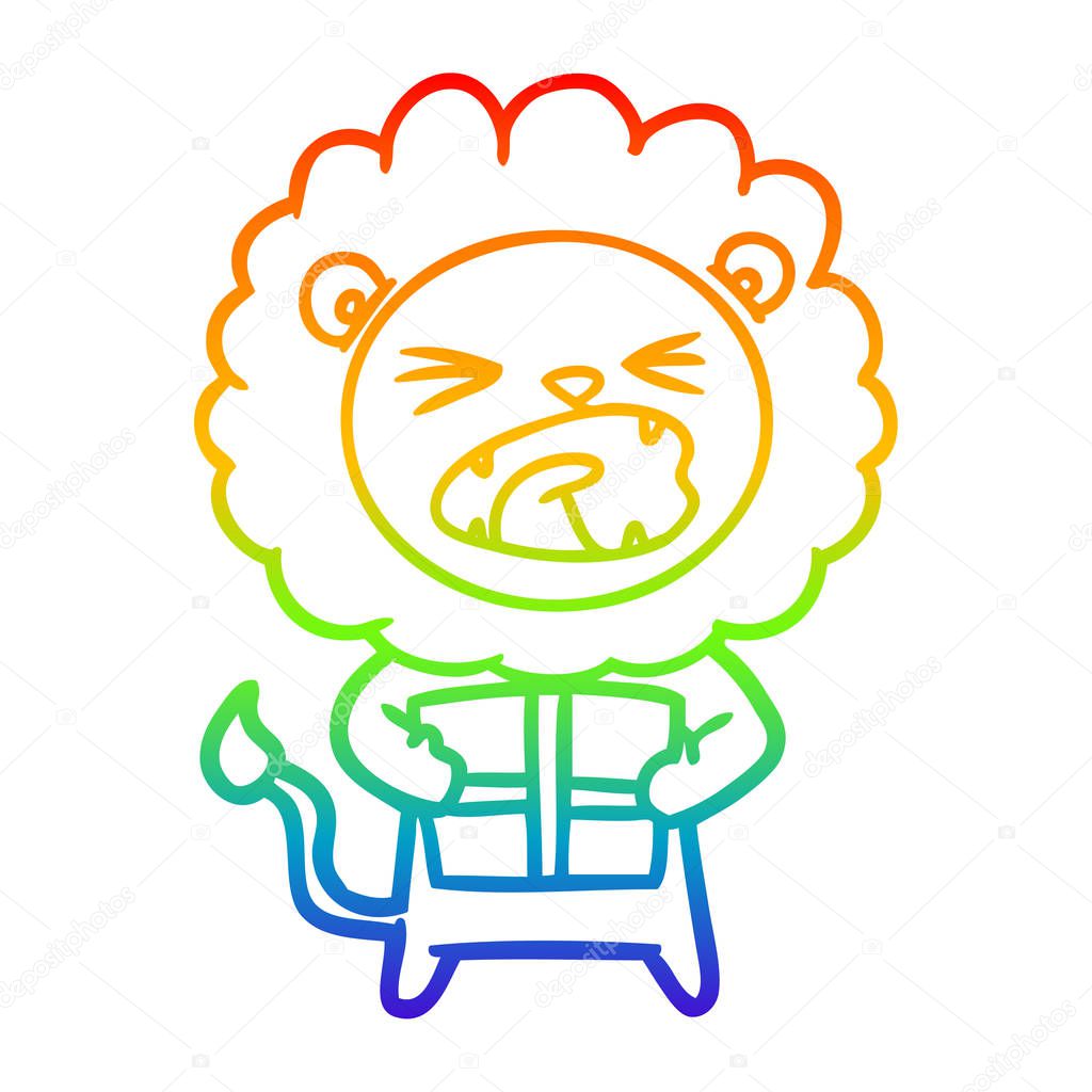 rainbow gradient line drawing cartoon lion with christmas presen