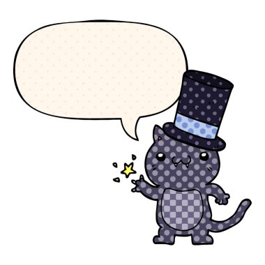çizgi roman stilitüst şapka ve konuşma balonu giyen karikatür kedi