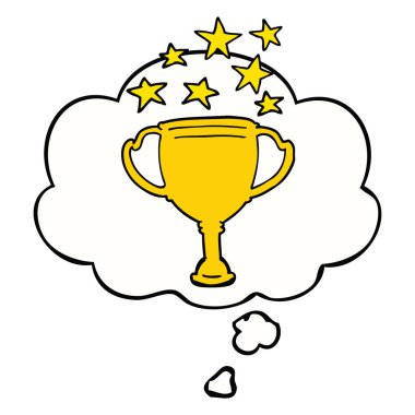 karikatür spor kupa ve düşünce balonu