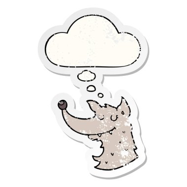 karikatür kurt ve sıkıntılı yıpranmış etiket olarak kabarcık düşünce