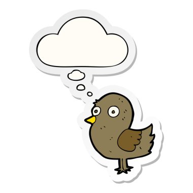 karikatür kuş ve baskılı bir etiket olarak kabarcık düşünce