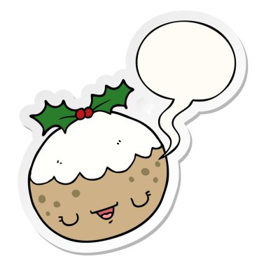 sevimli karikatür noel puding ve konuşma kabarcık etiket